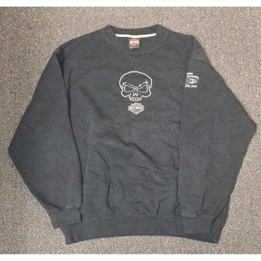 Vintage Harley-Davidson Sweatshirt Skull Warren Cortland OH Faded Black Mens L/X